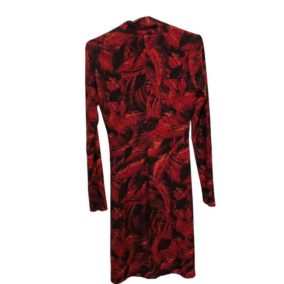 Norma Kamali Red Black Feather Print Size Small Faux Wrap Side Ruched Dress - Picture 8 of 9